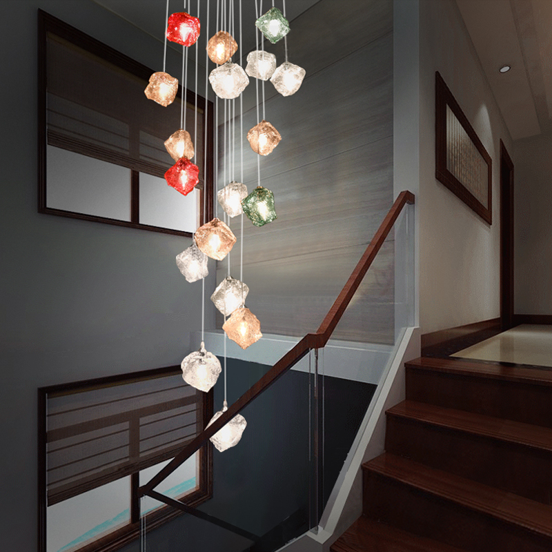 Image of Modern led Pendant Lamps Art Living Room Lamp Individual Villa Club Hall Chromatic Glass Pendant Lighting Rotating Staircase Long