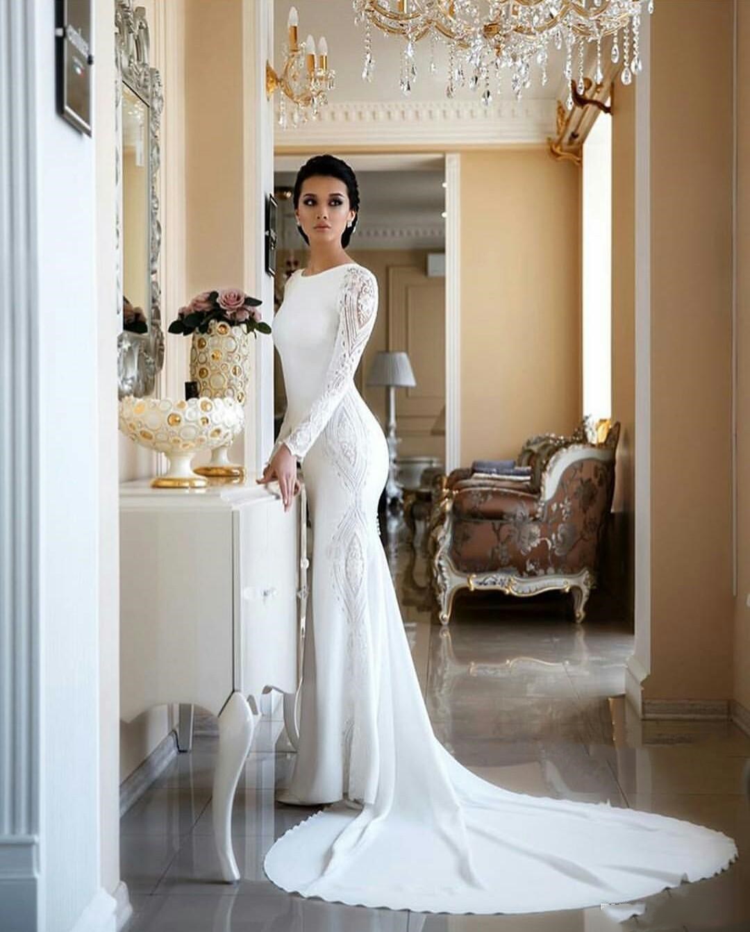 Image of Modest Dress Mermaid Wedding Dresses Lace Appliqued Beaded Berta Sweep Train Boho Bridal Gowns Plus Size Sleeves abiti da sposa