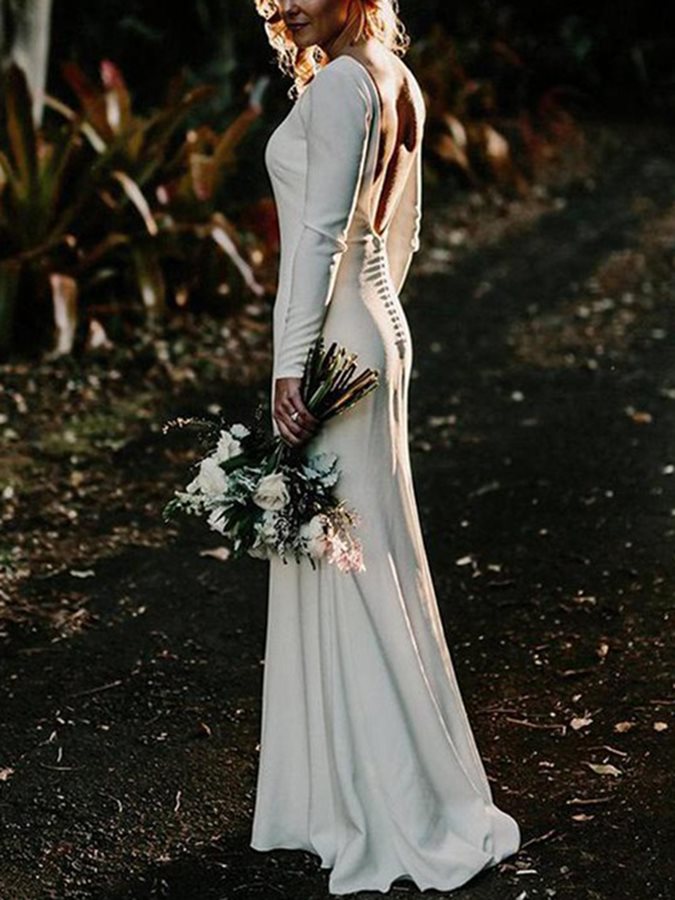 Image of Modest Long Sleeves Evening Dresses Bateau Neck Sweep Train Plus Size Country Bridal Gowns Vestidos De Noiva
