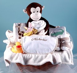 Image of Monkey and Pals Personalized Baby Gift Basket