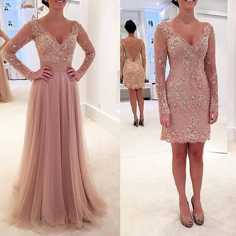 Image of Mother Of The Bride Dresses Formal Wedding Party Gowns Long Sleeve V-Neck Removable Dusty Pink vestido de madrinha farsali