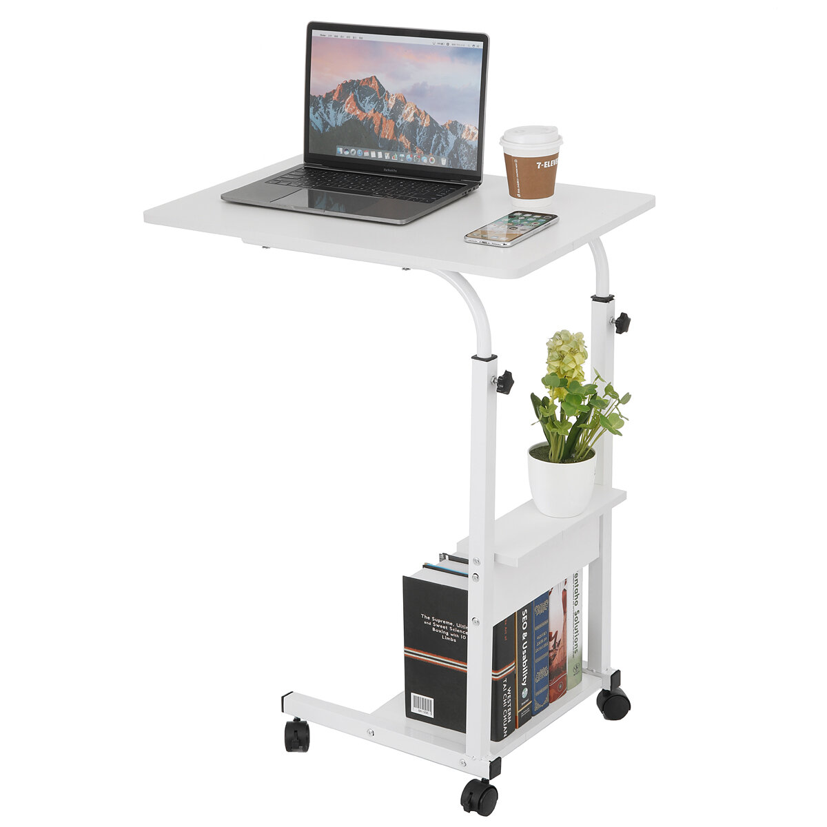 Image of Movable Laptop Desk Adjustable Height Computer Notebook Desk Writing Study Table Bedside Tray with 2 Storage Shelves Hom