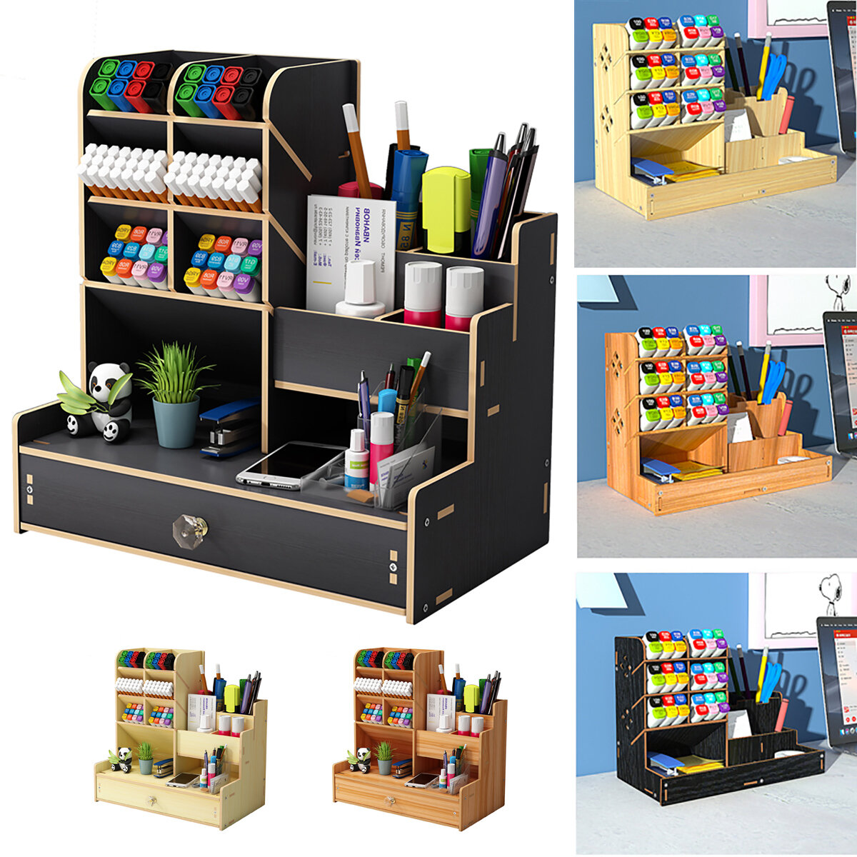 Image of Multi-function Wooden Desktop Pen Holder Office School Stationery Storage Stand Case Desk Pen Pencil Organizer