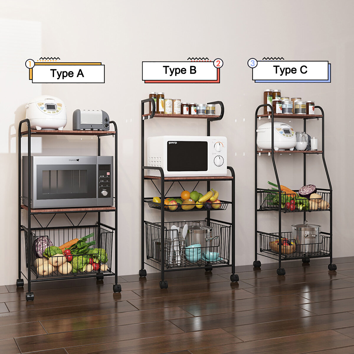 Image of Multi-storey Moveable Kitchen Shelving With Universal Wheel