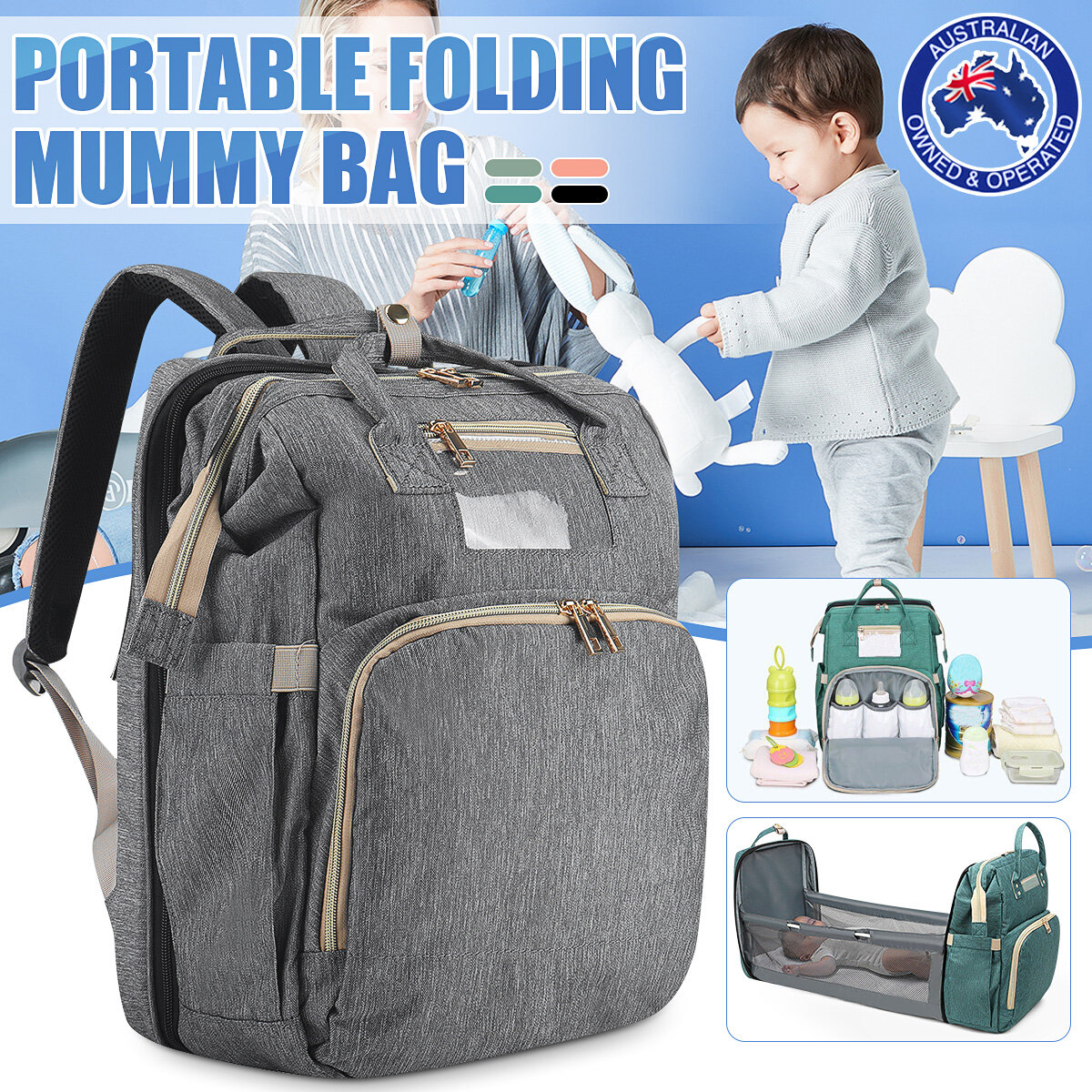 Image of Multifunctional 2-IN-1 Large Capacity Folding Travel Baby Infant Crib Diaper Macbook Storage Mummy Bag Backpack