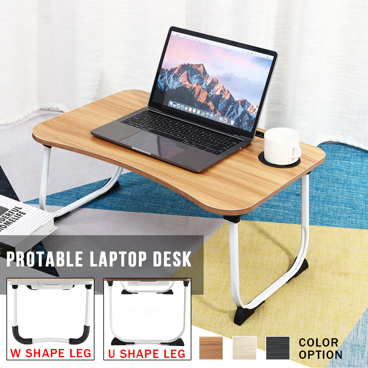 Image of Multifunctional Folding Wooden Lazy Bed Desk Macbook Table with Pen Cup Slot Storage Drawer