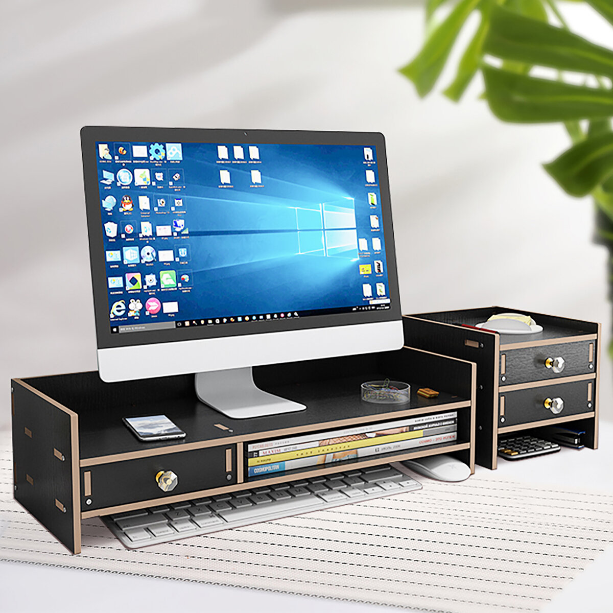 Image of Multifunctional Wooden Monitor Riser Stand Desktop Holder File Storage Drawer for iMac