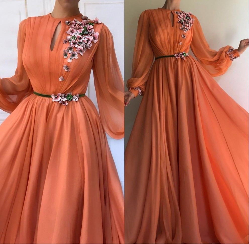 Image of Muslim Orange Long Sleeves Flowers Dubai Evening Dresses A-Line Chiffon Islamic Saudi Arabic Prom Gown Robe de soiree