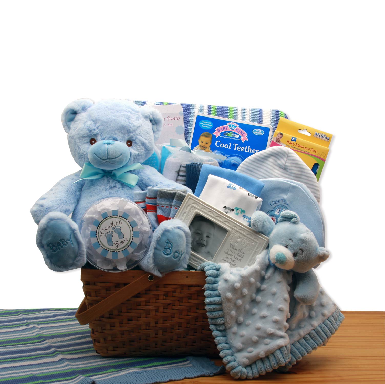 Image of My First Teddy Bear New Baby Gift Basket - Blue