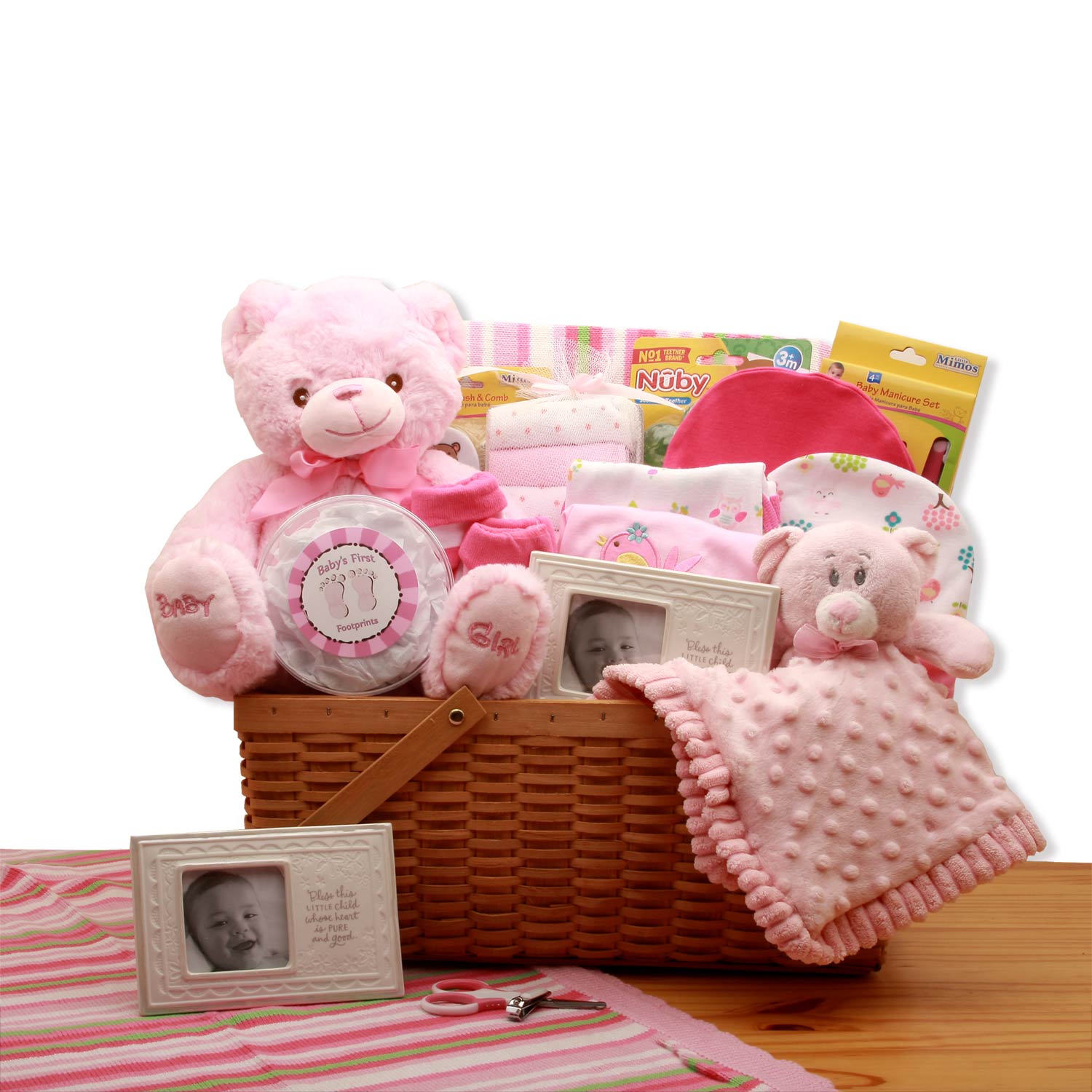 Image of My First Teddy Bear New Baby Gift Basket - Pink