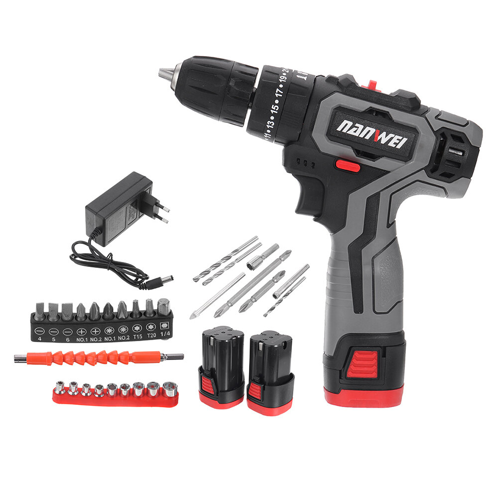 Image of Nanwei 18V Brushed Impact Drill 27N/M Li-ion Rechargeable Electric Flat Drill Screw Driver 2 Speeds 25+3 Gears + 2 Batte
