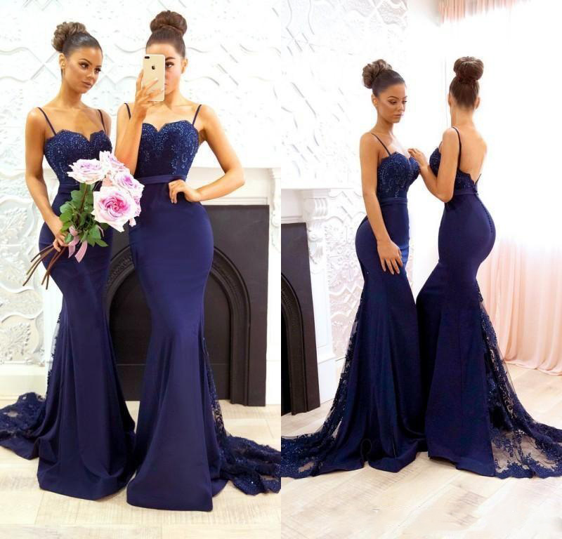Image of Navy Blue Lace Satin Wedding Bridesmaid Dresses Long Sexy Backless Maid of Honir Dress Sweep Train Guests