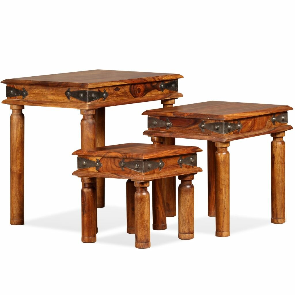 Image of Nesting Table Set 3 Pieces Solid Sheesham Wood Brown