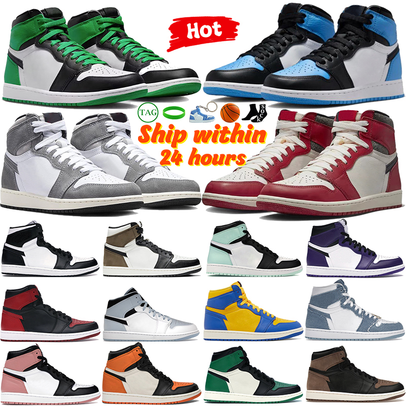 Image of New 1s Basketball Shoes Men Women Jumpman 1 Sports Sneakers Chicago Lost and Found Lucky Green Patent Bred True Blue SE Space Jam Light Smok