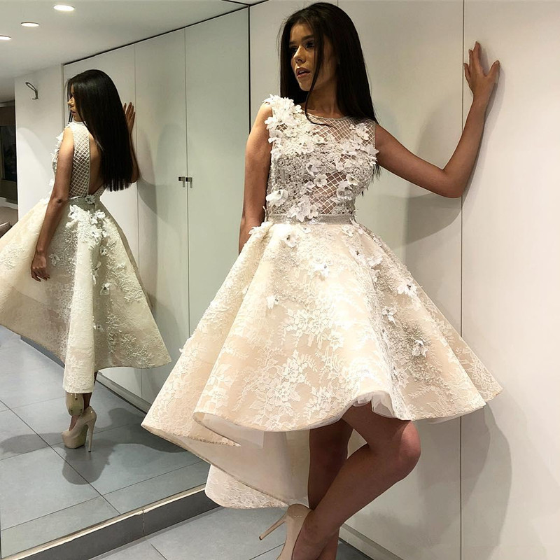 Image of New A Line Beige Short Prom Dresses 3D Floral Applique Backless Jewel Neck Pleats HI-Lo Elegant Formal Dress Evening Gowns Vestidos