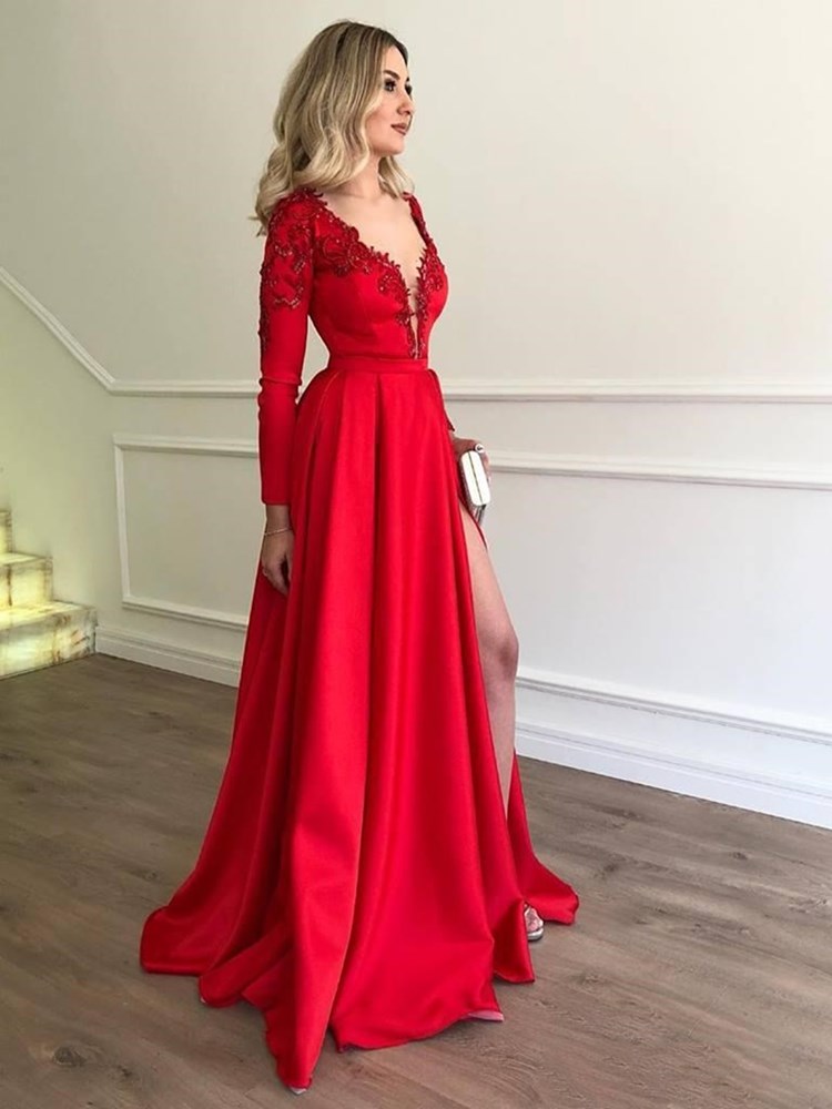 Image of New A Line Red Long Sleeves Split Front Prom Dresses Abiti Da Festa Mother Of The Bride Evening Gown