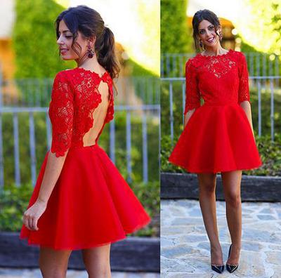 Image of New Arrival A-Line Red Lace Half Sleeve Short Prom Homecoming Formal Party evening Dresses Open Back Custom