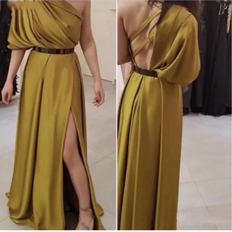 Image of New Arrival One shoulder evening dress Robe de soiree Arabic Gold gown Formal dresses long