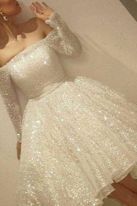 Image of New Arrival White Shine Short Homecoming Dresses Sequins Off The Shoulder Long Sleeve Party Dress Thin Ribbon A-Line Cocktail Shiny