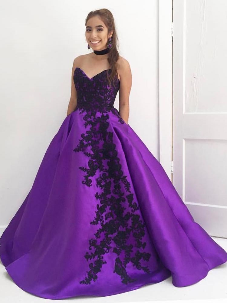 Image of New Fashion Sweetheart A-line Women Evening Dresses Purple Satin Charming Black Appliques Debutante with Pockets Prom