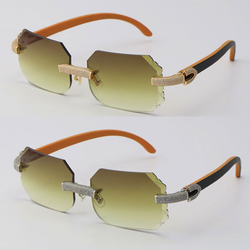 Image of New Micro-paved Stones Sunglasses Orange Inside Black Wood Rimless Frame 18k Gold Wooden Sunglasses woman with man Carved UV400 Lens driving