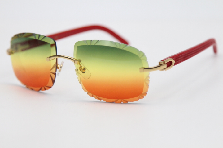 Image of New Style Carved Lens 8200762A Rimless Red Plank Sunglasses Unisex Optical Plank Man or Women C Decoration gold frame Size:62-20-135mm