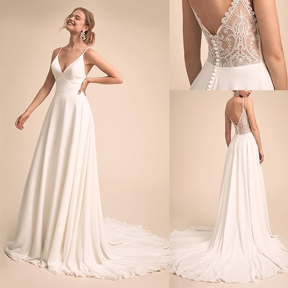 Image of New Style Sexy Chiffon Simple & Charming V-neck Neckline Wedding Dress With Lace Back Bridal vestido festa de casamento