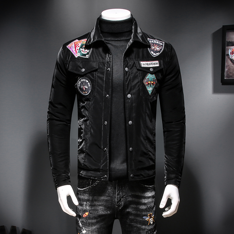 Image of New top men&#039s jacket 2022 autumn and winter lapel short white duck personality badge embroidery thickened warm down jacket tide