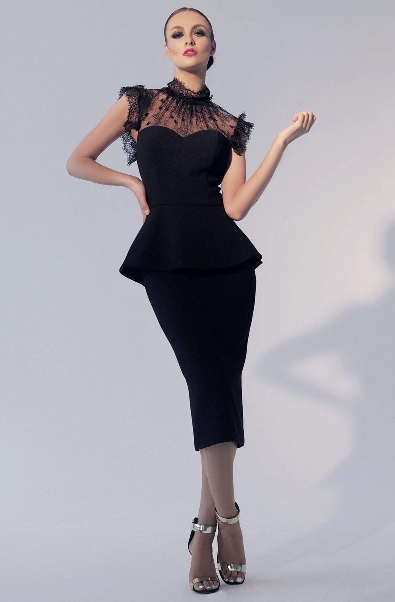 Image of Nicole Bakti - 605 Illusion High Neck Peplum Cocktail Dress