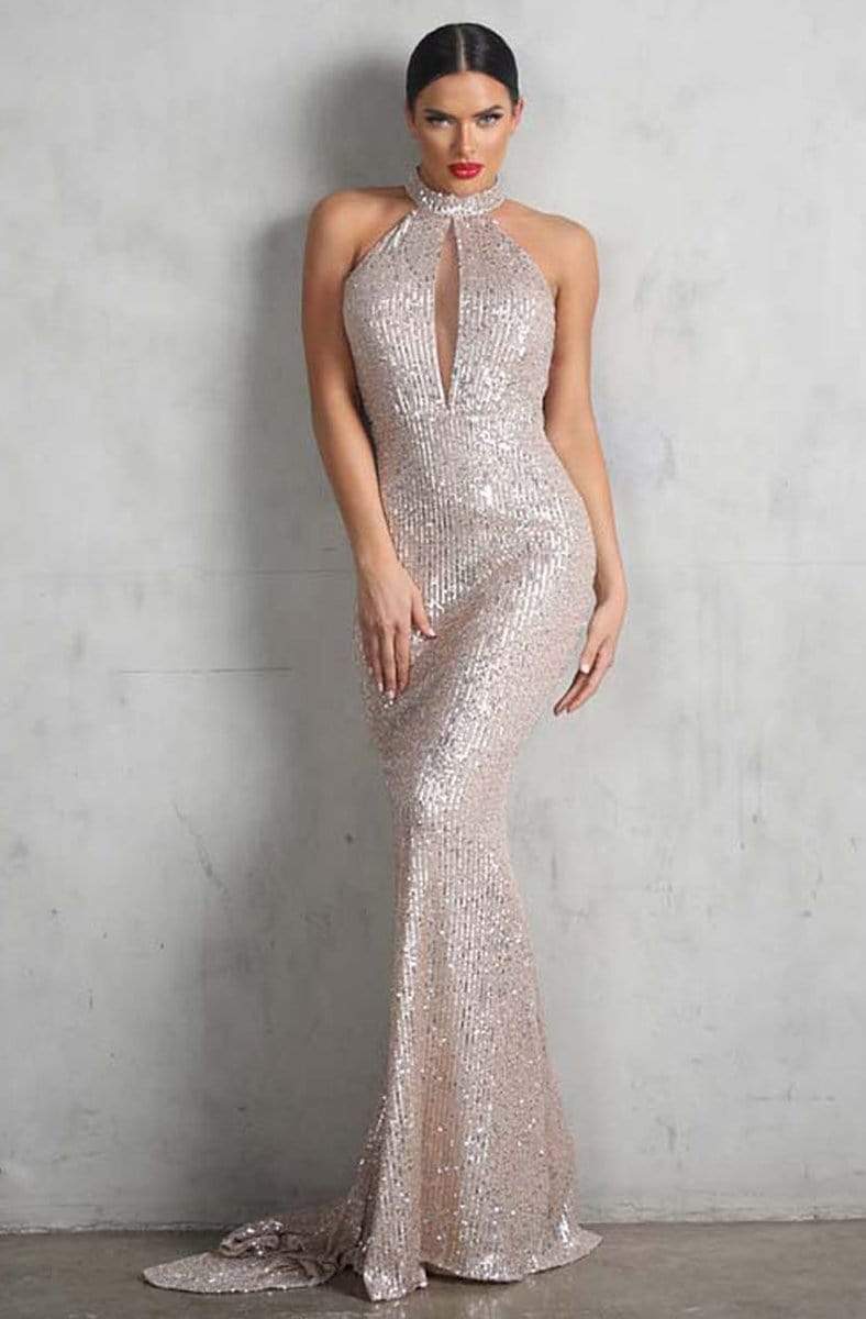 Image of Nicole Bakti - 6998 Embellished High Halter Trumpet Dress