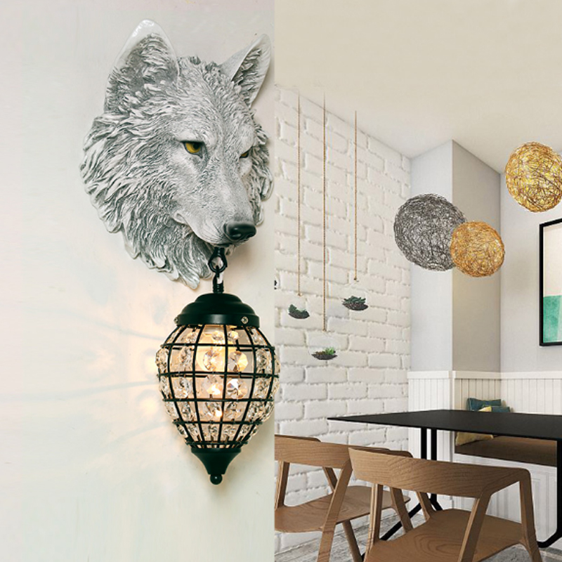 Image of Nordic Cafe Restaurant Creative Wolf Head Resin Wall Lamp Living Room Decoration Wall Light Aisle Bedside led LRetro Hound
