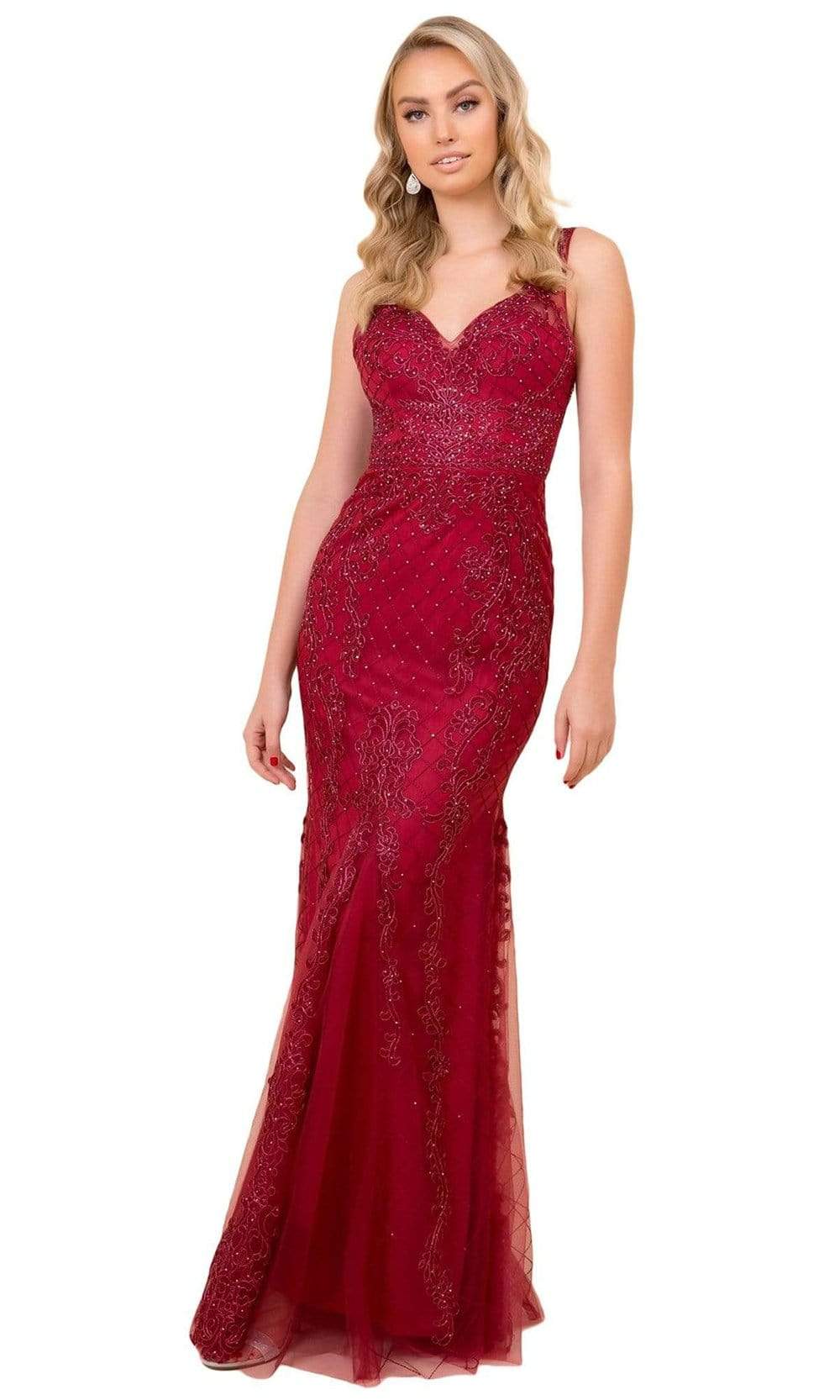 Image of Nox Anabel - A398 Sleeveless V Neck Beaded Lace Applique Trumpet Gown