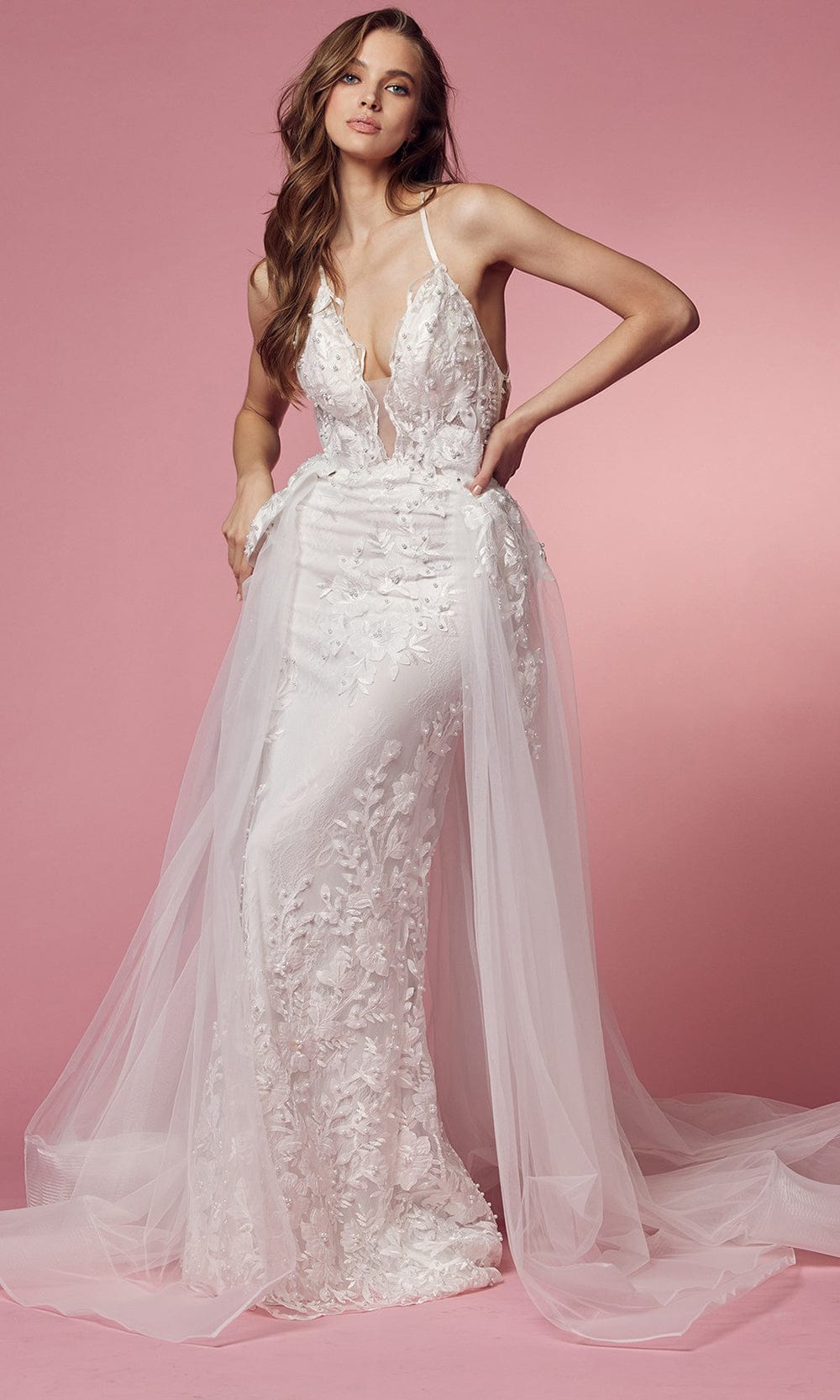 Image of Nox Anabel Bridal F485W - Lace Overskirt Bridal Dress