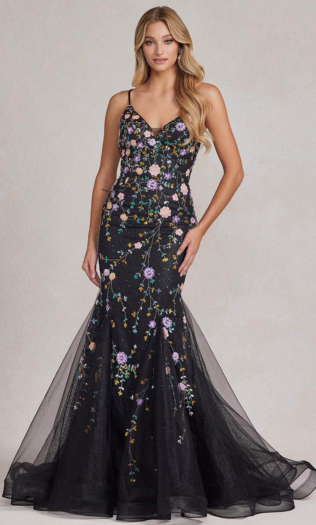 Image of Nox Anabel C1117 - V-Neck Floral Beaded Prom Gown