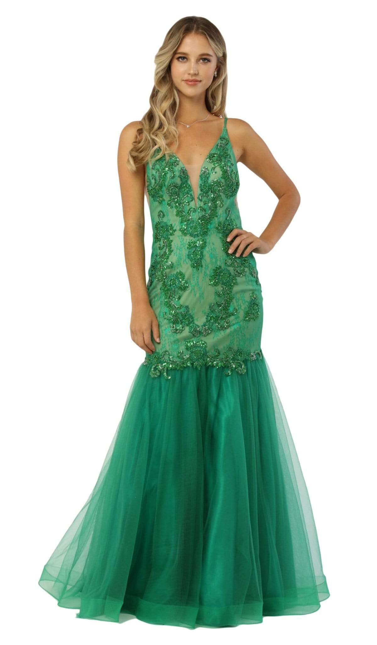 Image of Nox Anabel - E185 Sleeveless V Neck Beaded Lace Tulle Mermaid Gown