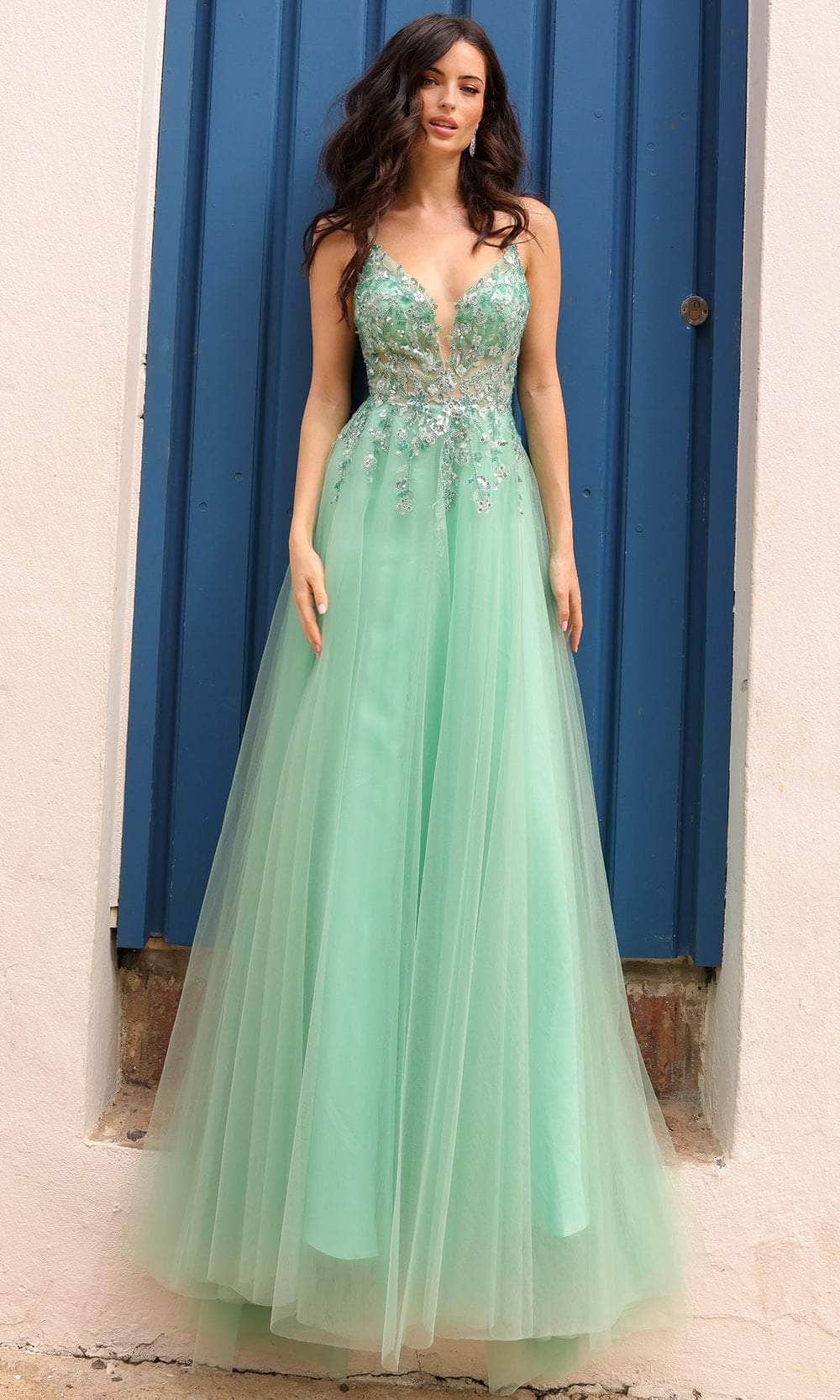 Image of Nox Anabel Q1391 - Illusion Embroidered A-Line Prom Dress