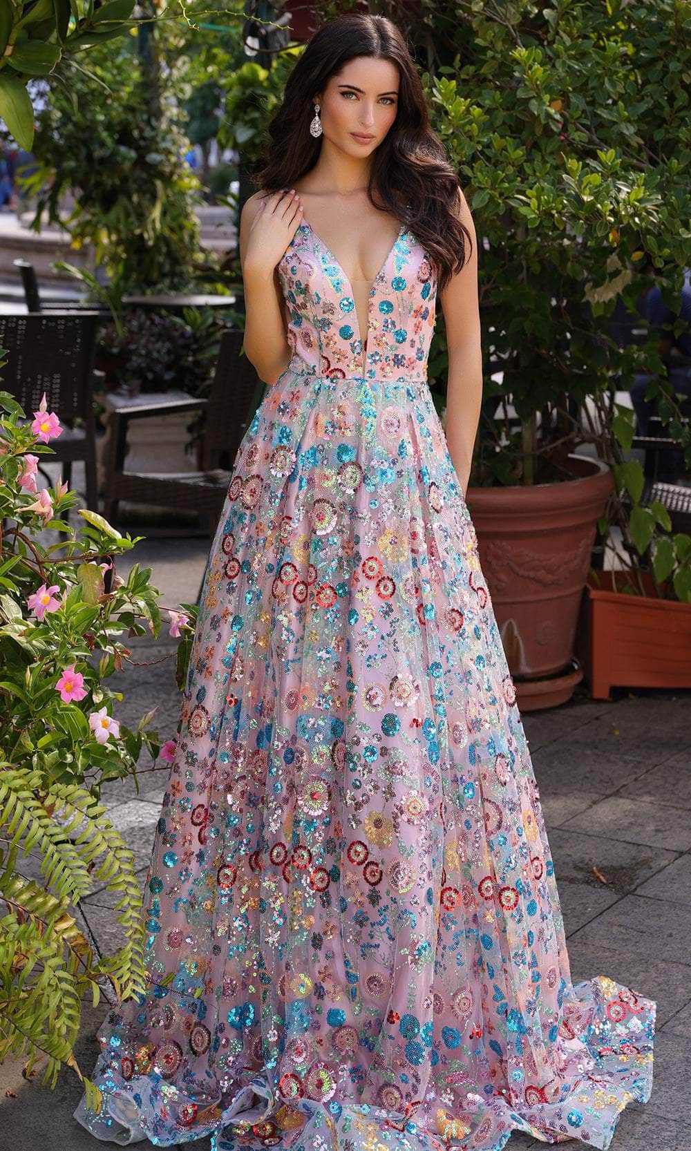 Image of Nox Anabel R1430 - Plunging V-Neck Sequin Embellished Prom Gown
