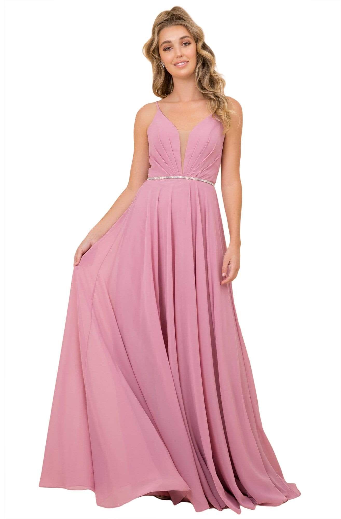 Image of Nox Anabel - R416 Lace-up Open Back Beaded Waist A-Line Prom Dress