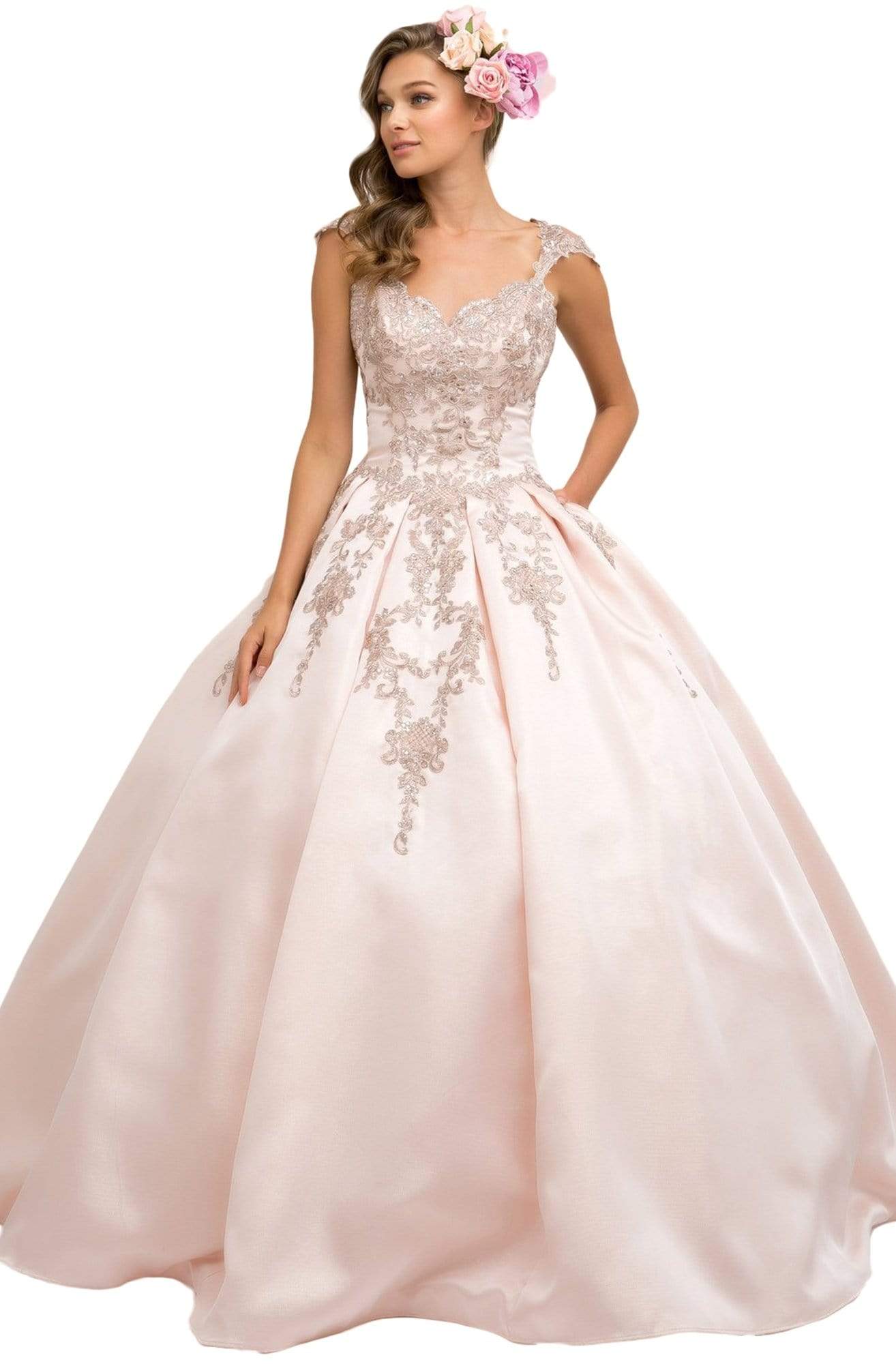 Image of Nox Anabel - U801 Cap Sleeve Lace Appliqued Cutout Ballgown