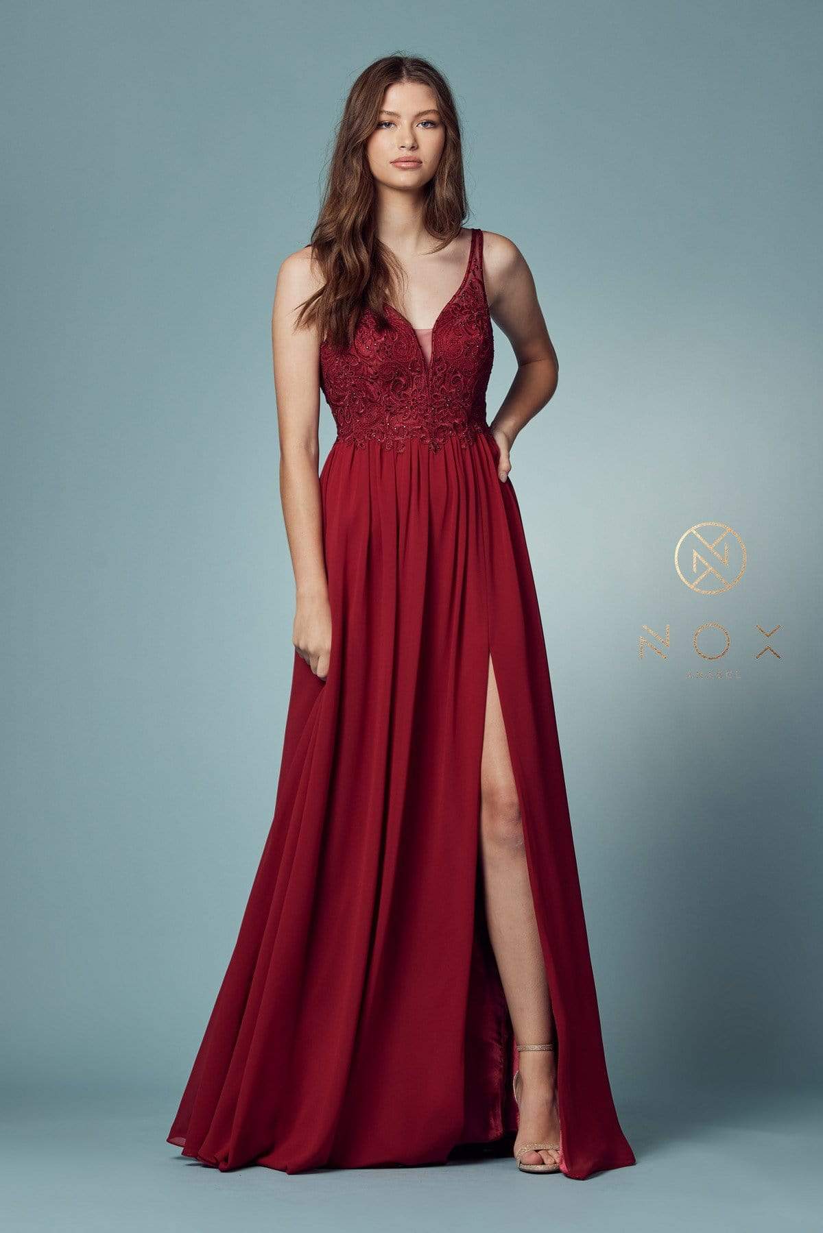 Image of Nox Anabel - Y299 Sleeveless Beaded Lace Applique Bodice A-Line Gown