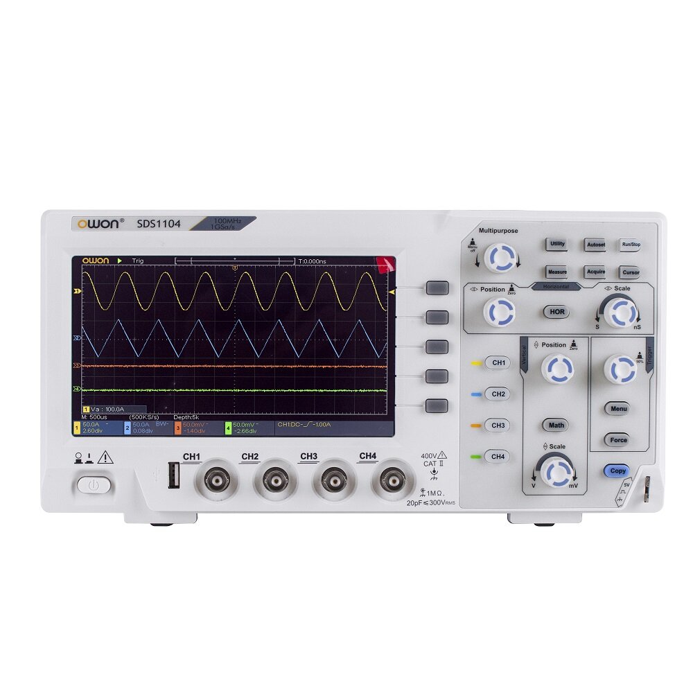 Image of OWON SDS1104 Oscilloscope 100MHz Bandwidth 4-Channels 1GS/s Sample Rate 7 Inch High Resolution LCD for Electronic Circui