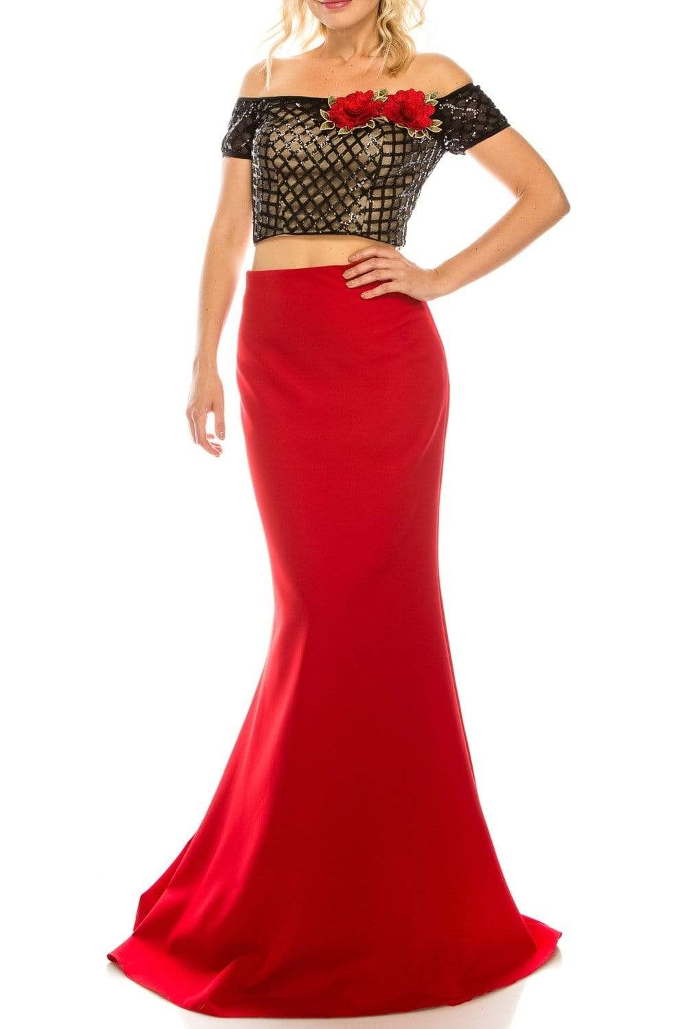 Image of Odrella - 4599 Two Piece Sequined Off-Shoulder Evening Gown