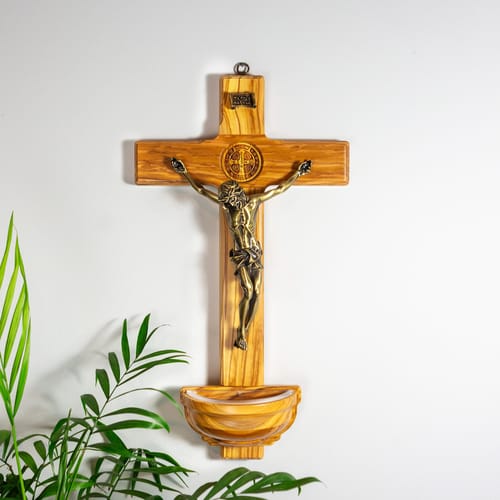 Image of Olive Wood St Benedict Crucifix Holy Water Font ID 2058749