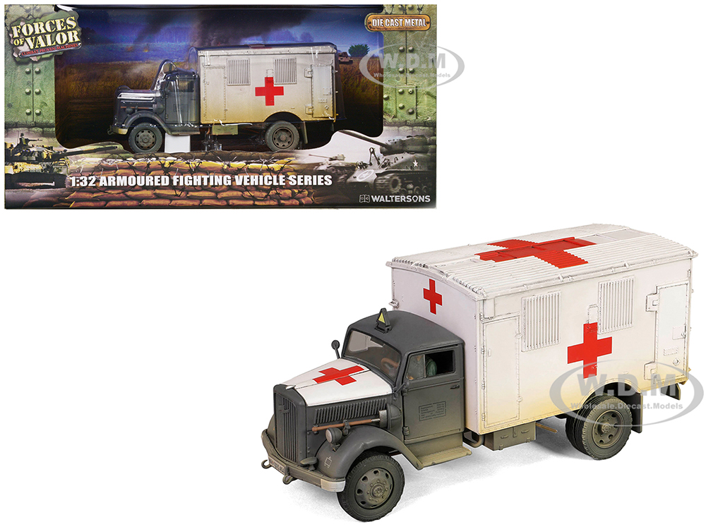 Image of Opel-Blitz Kfz305 Ambulance Gray and White (Weathered) "German Army" "Armoured Fighting Vehicle" Series 1/32 Diecast Model by Forces of Valor