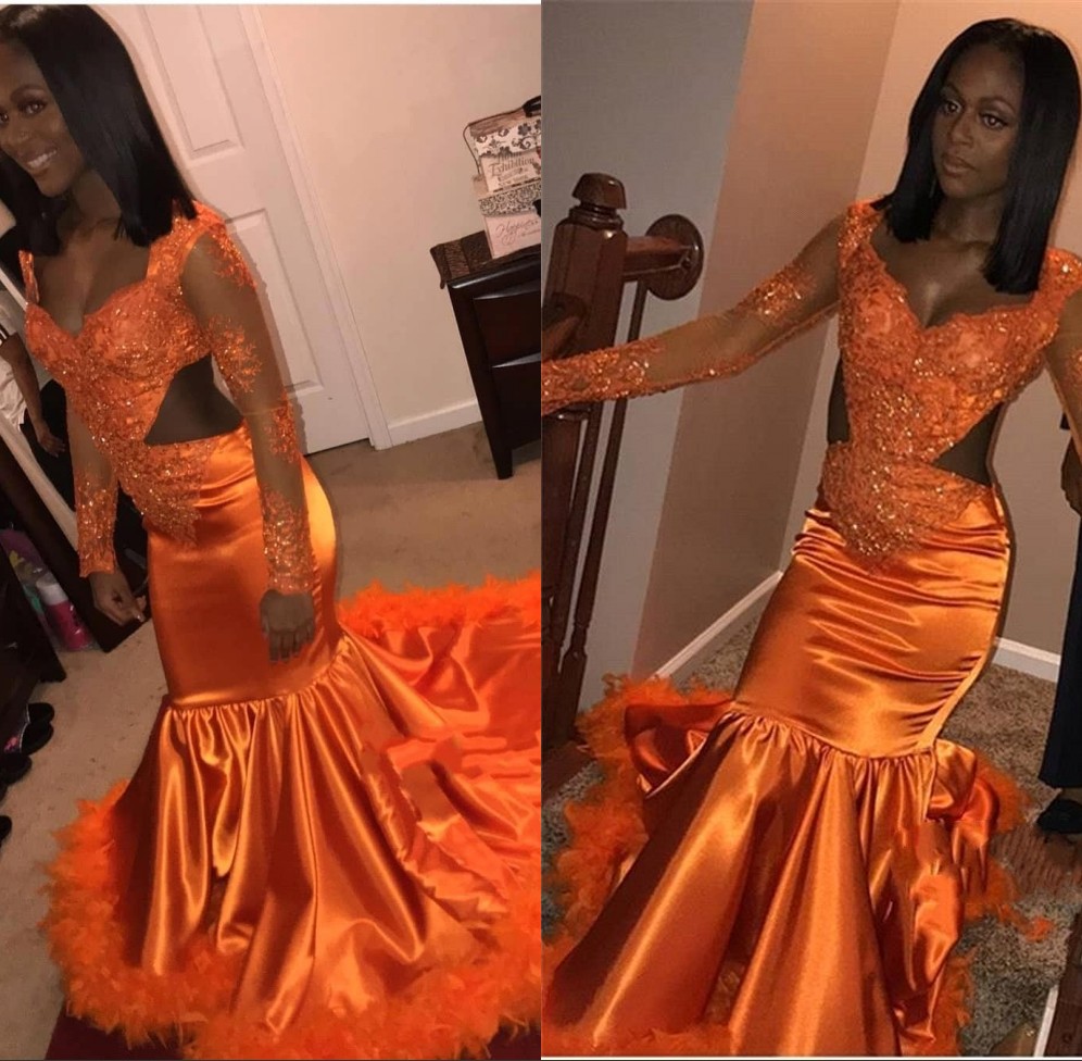 Image of Orange Sexy African Long Sleeves Mermaid Prom Dresses Beaded Appliques Dress Formal Evening Party Gown With Feather Train