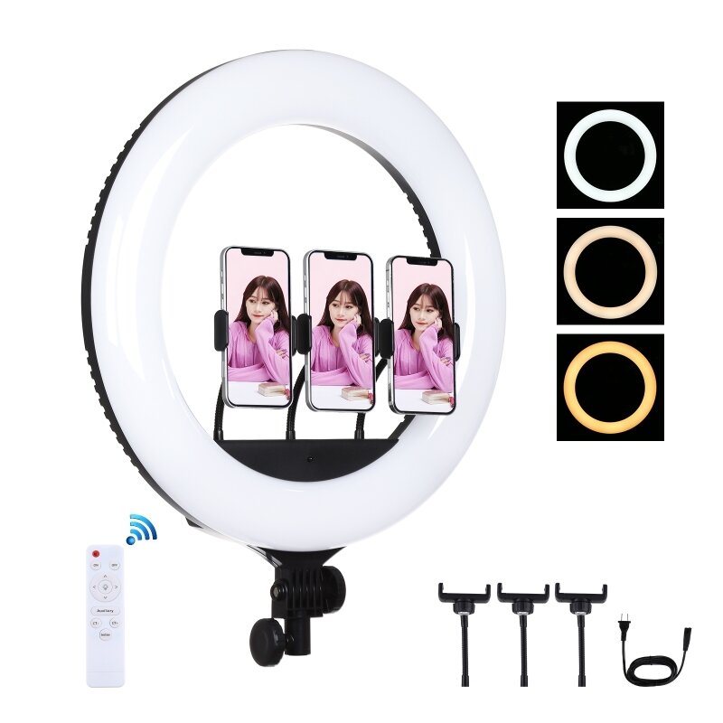 Image of PULUZ PU521B 18 Inch Curved Surface USB Dimmable White Light LED Ring Photography Lights with Remote Control and 3 pcs P