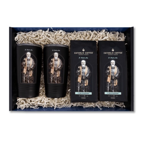 Image of Padre Pio Espresso Roast Coffee and 2 Tumblers Gift Box