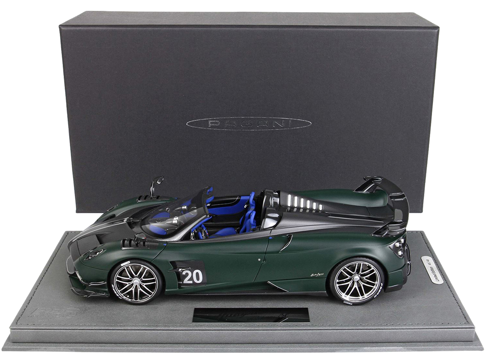 Image of Pagani Huayra Roadster BC Matt Dark Green and Matt Carbon Black with Black and Silver Stripes with DISPLAY CASE Limited Edition to 48 pieces Worldwid