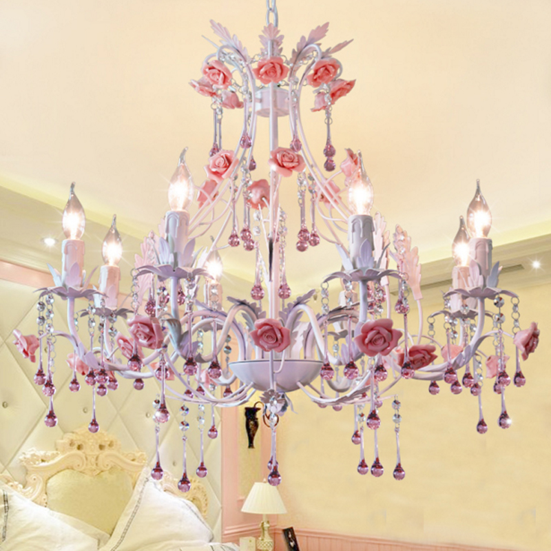 Image of Pastoral living dining room crystal lamp Iron Pendant Light warm romantic flower bedroom lamp LED art lamps Beauty salon Hanging lights