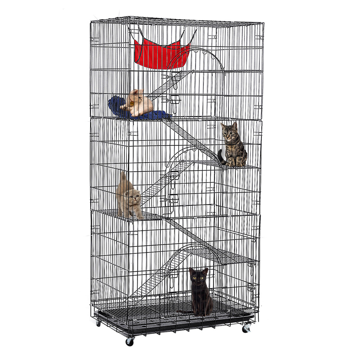 Image of PawGiant Oversized 6 Tier Cat Cage 77" Tall 1-5 Cats w/Hammock Cat Bed & 5 Ramp Ladders 5 Platforms 3 Front Door Tray C